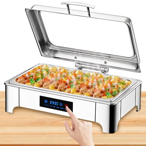BOVDC Chafing Dish Electrique, Chauffe Plat Buffet Electrique en Acier Inoxydable, Chafing Dish Buffet Electrique Température Réglable avec Couvercle en Verre Visible(B,Full Pan)