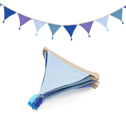 jijAcraft Wimpelkette Kinderzimmer mit Quasten Blau: 2,8m Stoff Wimpelkette Musselin Doppelseitig Girlande Kinderzimmer Stoffgirlande Junge für Hausbett, Babybett,Kinderbett