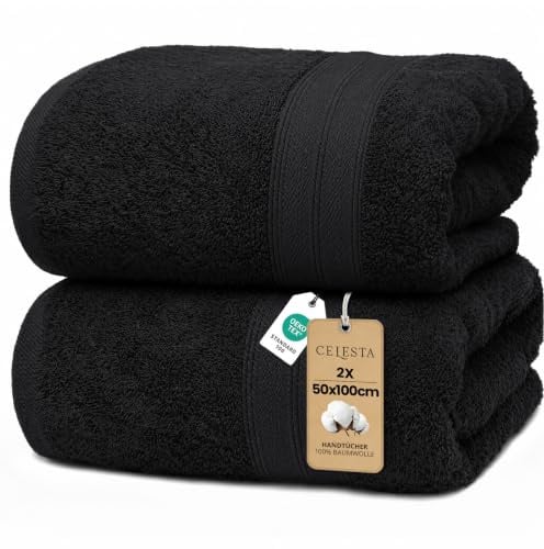 CELESTA Handtücher 50x100 cm, 2er-Set 100% Baumwolle Frottee, Schwarz | OEKO‑TEX zertifiziert, weich & saugstark, ideal für Badezimmer, Gäste‑WC, Küche, Spa, Gym & Sport