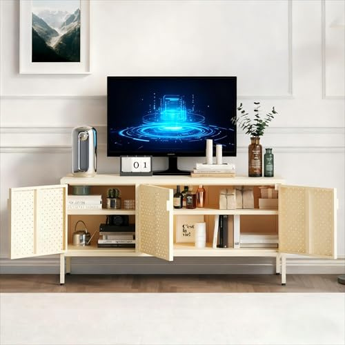 FLEXISPOT TV Schrank Metall Cremeweiß 118x39x55 cm – Sideboard mit Belüftungslöchern, 3 Türen, verstellbaren Füßen, modern, robust, einfach zu montieren für Wohnzimmer, Büro oder Schlafzimmer