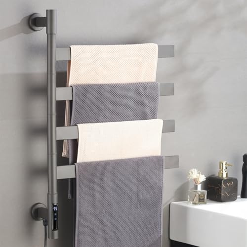 Toalleros Eléctrico de Baño Giratorio 180° 70 x 50 cm, Calentador de Toallas Giratorio de Acero Inoxidable, Radiador de Toallas Eléctrico, 4 Barras con Temporizador Incorporado, Bajo Consumo-Grey
