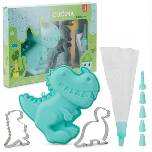 MIJOMA Backset 10-teilig mit Silikon Backform Dinosaurier | inkl. Ausstecher Teigschaber Spritzbeutel & Tüllen Kinder-Backzubehör Set