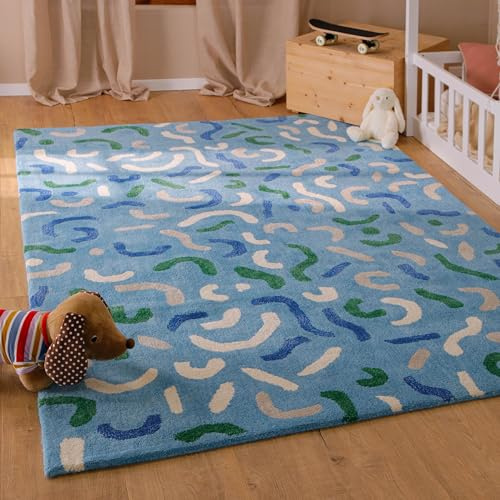 Wecon Home Kinderteppich Confetti – Verspielter Teppich mit hochtief Struktur – Aus Schurwolle – Oeko-TEX + GoodWeave Zertifiziert – Weich, pflegeleicht & für Kinderzimmer (70 x 140 cm, blau)