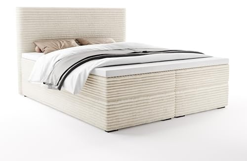 FurniDe24 Boxspringbett mit 2 Bettkästen, Bonellfederkernmatratze und Topper, Gepolstertes Doppelbett mit Kopfteil, Breitcord-Stoff, Polsterbett Vito in Creme (Vito 23, 180 x 200 cm)