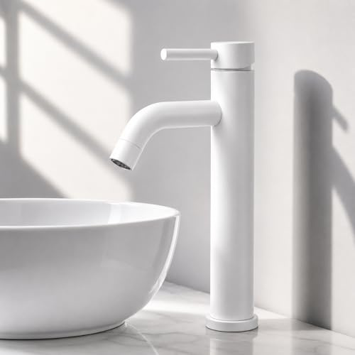 Grifo de Lavabo Alto Monomando para Baño, Acero Inoxidable, Acabado BLANCO Premium Resistente al Desgaste, Diseño Moderno y Minimalista (ALTO BLANCO)