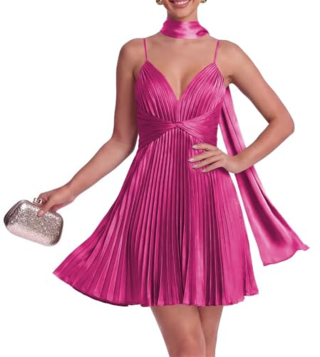 WSEYU Vestido plisado de satén para fiesta de graduación, vestido corto con bufanda, vestido de dama de quinceañera, vestido Sweet 16, ZMM075, fucsia, 46
