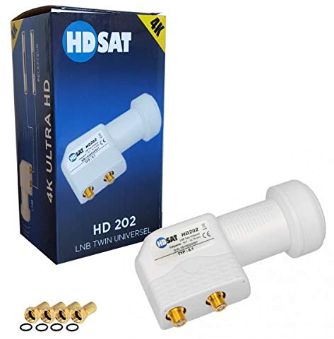 HDSAT - Testina LNB Twin per parabola con 2 uscite 0,1 dB + 4 connettori F Gold, HD202 Full HD 4K