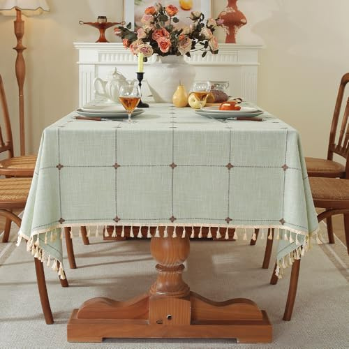 Pahajim Tischdecke Rechteckig Baumwolle Leinen Tischdecke Abwaschbar Elegante Karierte Tischtuch mit Quasten Küchentischabdeckung für Speisetisch,Outdoor(Grün, 140 x 220 cm)