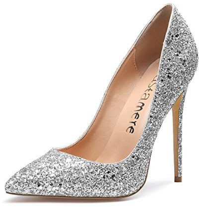Castamere Damen Pumps High Heels Klassische Stilettos Spitzen Pfennigabsatz Pumps Slip On Elegant Hochzeit Party Schuhe 12CM Stiletto Heels Pailletten Silber Pump EU 43.5