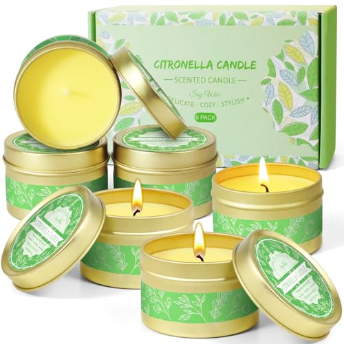 SCENTORINI Citronella Candles, 6 x 75g Soy Wax Lemongrass Scented Candle Tins, Long Lasting Summer Candles for Indoor & Outdoor Use, Garden, Patio, Camping, Picnic & Cosy Evenings
