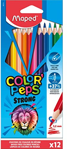 Maped - Pinturas de Madera - Lápices Strong de Colores - Pack de 12 Pinturas de Colores - Minas Ultra Resistentes - Agarre Ergonómico - Fáciles de Afilar