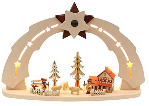 Dekohelden24 LED Holz Schwibbogen, Motiv: Schafe mit Schäfer, Bogen innen beleuchtet, ca. 50 x 11,5 x 33 cm.