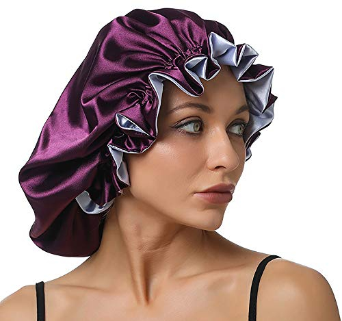 SENGTERM Seiden Schlafmütze Damen Frauen Nachtmütze Satin Verstellbare Doppelschichten Motorhaube seiden Haarpflege Kopfhaube Nacht Haube Mütze für lockiges Haar Lange Haare