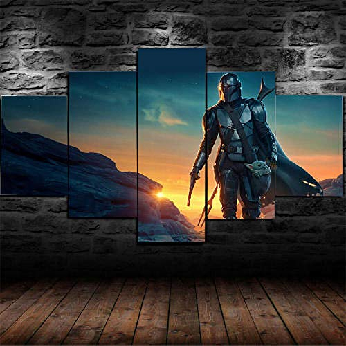 Rahmenlos Leinwanddrucke 5 Teilig Leinwandbilder Bild Auf Leinwand Wandbild Hd Kunstdruck Wand Wanddeko 5 Tafeln Wandkunst Bild Star Wars Baby Yoda Mandalorian Malerei Kreatives Geschenk 200X100