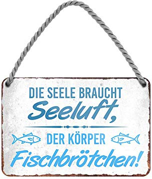 Seeluft und Fischbrötchen - Metallschild mit Kordel und Saugnapf - lustiges Spruch Blechschild für Ostsee Nordsee Fans - Dekoration für Küche Lokal Fisch Imbiss - witzige Geschenkidee - 18x12cm