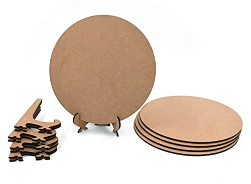 IVEI Lot de 5 assiettes rondes avec support pliable - Panneaux d'art ronds en MDF avec support pour peinture, feuilles de bois, travaux manuels - Pour découpage