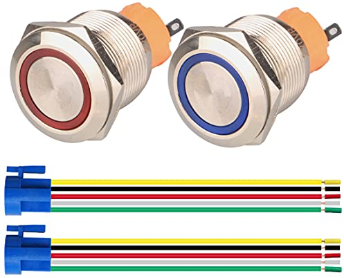 GUUZI 2pcs Pulsanti Momentanei 1NO1NC Guscio in Acciaio Inossidabile Impermeabile 220V-230V/5A Anello LED Pulsante Illuminato con Presa filo Adatto per foro di Montaggio da 22mm (Blu+Rosso)