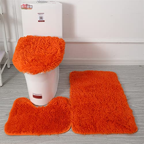 Lifup Badteppich Set 3 Teiliges, rutschfeste Shaggy Badematte, Flauschig Contour Badteppich, Langflor Toilettensitzbezug Orange