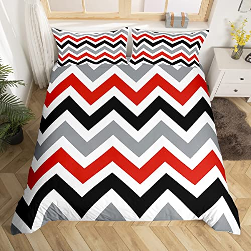 feelingyou Zickzack Wave Stripes Bettwäsche-Set 135×200,Rot Schwarz Grau Weiß Bettbezug mit 1 Kissen Sham Trösterbezug für Kinder Jungen,Bunte Linien Print Bettbezug Set Dekorativ 2 Stück