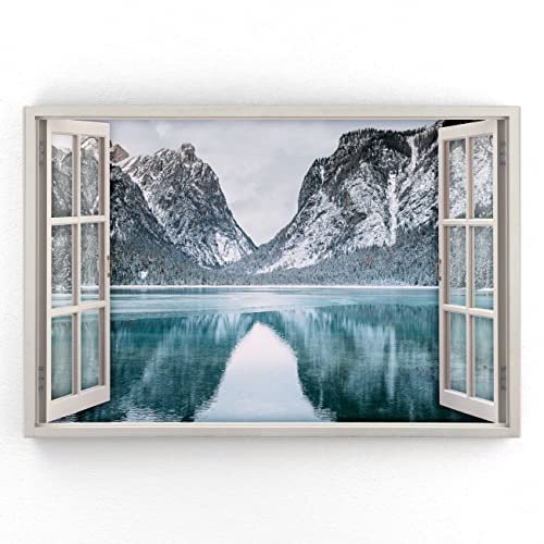 Estika - Leinwand Bilder Fensterblick - Berge, See, Schnee - 120x80 cm - 1 teilige Wandbilder, Bild auf Leinwand, Modern Deko für wohnzimmer schlafzimmer - Natur Landschafts bilder - 5978A_1B