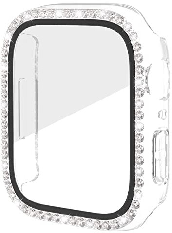 Miimall Coque pour Apple Watch Series 7/8/9 41mm, avec Film de Protection d'écran en Verre, Strass à Paillettes, pour iWatch 41mm (Transparent)