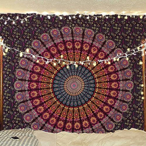 Bless International Indischer Hippie Bohemian Psychedelic Peacock Mandala Wandbehang Bettwäsche Tapisserieoth (Golden Pink Blue, Queen(84x90Inches)(215x230Cms))