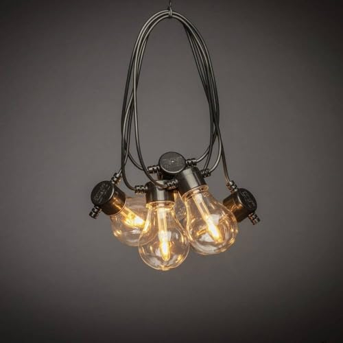 Konstsmide LED Solar Biergartenkette, fernbedienbar, 10 bernsteinfarbene Dioden, Außen, schwarzes Kabel, 2 x Lithium-Akku / 1 x CR2025 (inkl.) - 2341-800SP