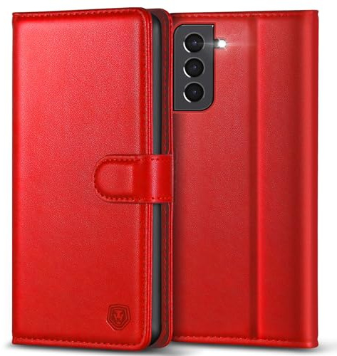 Kuafcase for Samsung S21 Case, 4 Card Slots Magnetic Closure Kickstand Shockproof Protective Phone Case for Samsung Galaxy S21 - Red