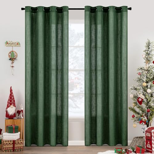 MIULEE Gardinen Vorhänge Schlafzimmer Vorhang Dunkelgrün Gardine Wohnzimmer Leinenoptik Gardinen mit Ösen Fenster Halbtransparent Vorhang Modern Innen Balkontür Küche Vorhänge 140 x 225 cm