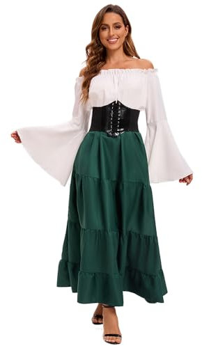 Feynman Robe médiévale rétro pour Femme avec Manches Trompette - Reine Victorienne médiévale Renaissance Gothique - Robe Maxi pour Carnaval, Halloween, fête