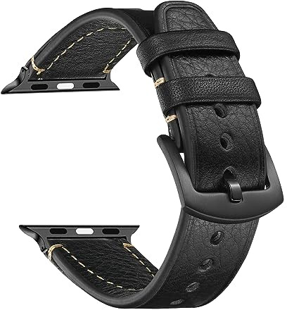 CeiBand Leder Armband für Apple Watch Series 12 46mm/42mm/44mm/45mm/49mm | Vintage Leder Ersatz Armband Edelstahl Dornschließe Uhrenarmband für iWatch Ultra4/3/2 Series 12/11 10 9 8 7 6-1 SE3 Schwarz
