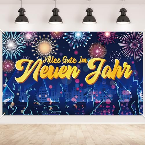 DPKOW Silvester Deko 2025, Großes Silvester Banner Neujahr Deko Silvesterparty 2025 Silvester Hintergrund Deko Drinnen und draußen, Alles Gute im Neuen Jahr Banner Bunte Feuerwerk aus Stoff,185*110cm