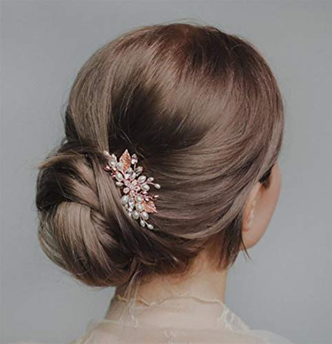 Ushiny Perle Braut Hochzeit Haar Kamm Rose Gold Kristall Braut Haar Stück Blume Haar Zubehör für Frauen