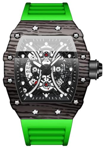 JewelryWe Uhren Herren Silikon Tonneau - 30m Wasserdicht Datum Kalender Analog Quarz Armbanduhr Männer Grün Silikon Armband Militär Sport Uhr mit großem Zahnrad Zifferblatt und Leuchtzeiger