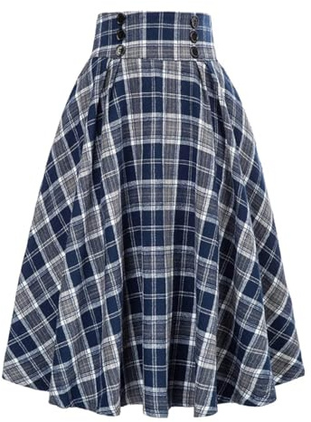 Gonna longuette da donna anni '50 e '60 retrò vintage con stampa scozzese casual elastico in vita swing una linea gonne primavera estate, Blu, XXL