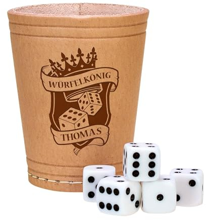 Leder Würfelbecher mit Gravur Würfelkönig, Personalisierter Knobelbecher, Würfel Set, Kniffelbecher mit Name, Würfelspiele Becher, Kniffel Becher, Reisespiele, Standard Würfel, Spielwürfel