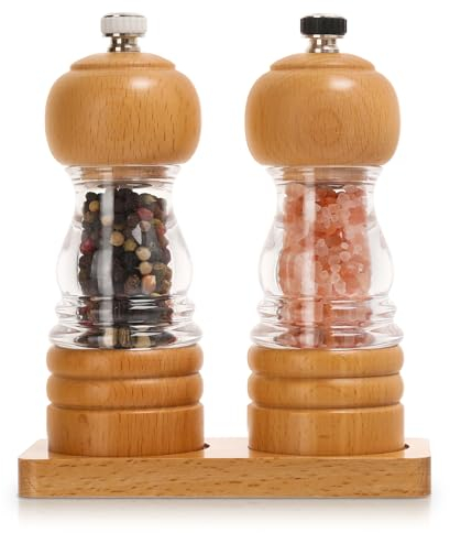 Salt and Pepper Grinder Set,2 PCS 5 Inch Wooden Manual Salt Pepper Mill Grinders for Kitchen,Refillable and Adjustable Grinder for Pepper Salt Spices