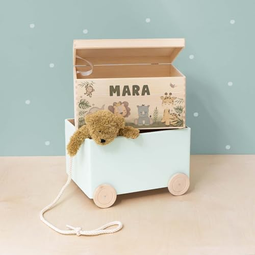hellomini Personalisierte Spielzeugkiste aus Holz zur Aufbewahrung - Stapelkiste Holz - Spielzeugkiste Kinderzimmer - Personalisiertes Geschenk für Kinder (Safari 2er)