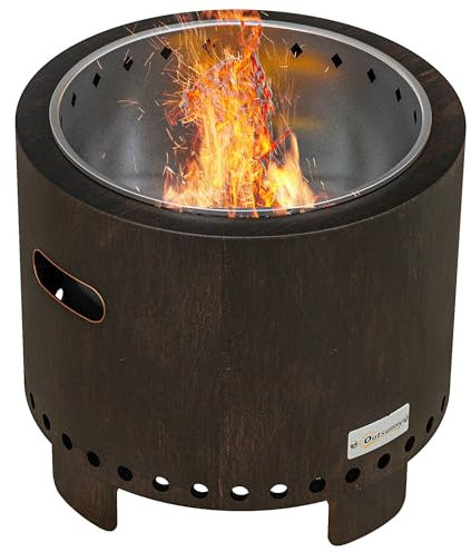 Outsunny Smokeless Fire Pit, 45cm Portable Wood Burning Firepit with Poker, Stainless Steel Liner for Garden Camping Bonfire Party, Metal, Black