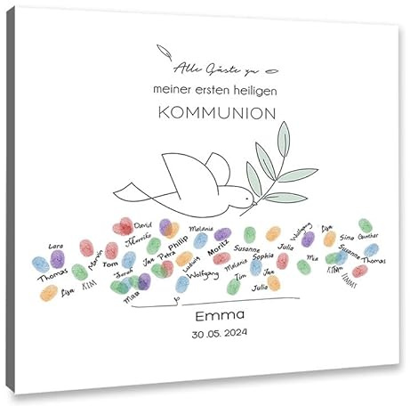 galleryy.net Personalisierte Fingerabdruck-Leinwand Kommunion - Taube Zweig - Leinwand 40x40 cm - Individuell mit Namen & Datum - INKL. Zubehör-Set mit Stempelkissen und Stift