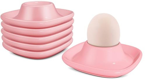 Flexzion Egg Cups for Soft Boiled Eggs - Set of 6 Ceramic Egg Holder - Stackable Egg Coddler Cups with Base for Serving, Breakfast, Brunch - Kitchen Table Decor, Pink