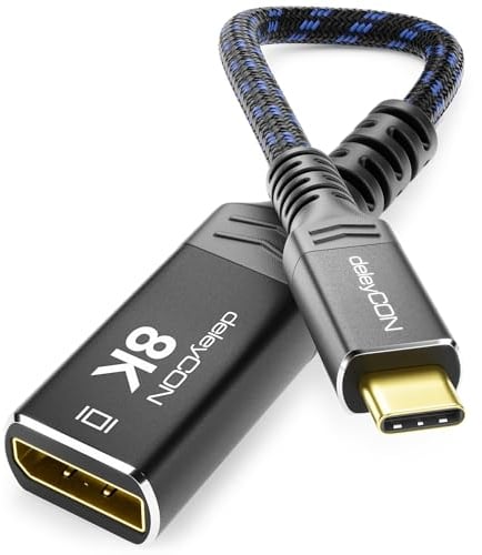 deleyCON Adaptateur 8K USB-C vers DisplayPort pour Écran (8K@60Hz / 4K@120Hz) en Aluminium, Thunderbolt 3/4, pour iPhone 16, 15 Pro Max, MacBook, iPad Pro/Air, Samsung Galaxy S25 S24, Notebook, Tablet