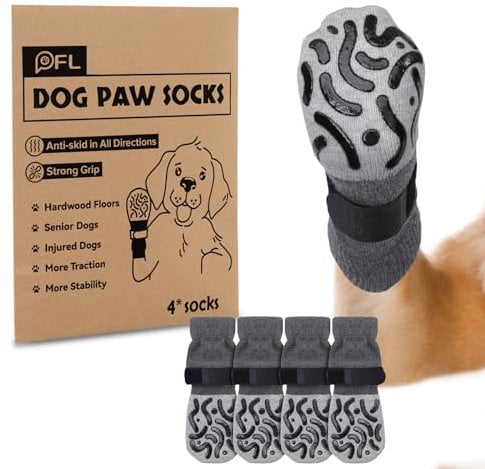 2 Pairs Anti Slip Dog Socks Paws Stop Licking, Dog Paw Protectors Dog Socks with Grips Strong Traction, Adjustable Dog Boots Dog Shoes for Senior Dogs Hardwood Floors Indoor Walking(Grey,L)