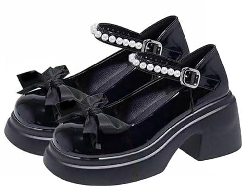 Womens Chunky Platform Mary Jane Shoes UK Clearance, Ladies Pearls Bow Pumps Closed Toe Court Shoes Ankle Strap Lolita Princess Shoes Sandals Low Block Heels Mary Janes Comfy Dress Wedding Shoe