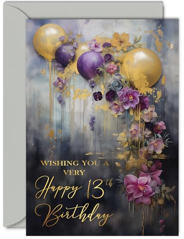 Schöne goldene Geburtstagskarte zum 13. Geburtstag für Mädchen und Jungen, goldene Party-Luftballons, elegante, traditionelle, hübsche Geburtstagskarte für 13-jährige Mädchen, Jungen, Sie, Ihn, A5,