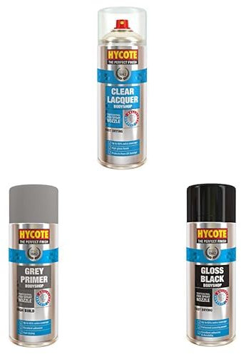 Hycote Bodyshop Fast Drying Clear Lacquer, High Build Aerosol Grey Primer & Gloss Black Car Spray Paint