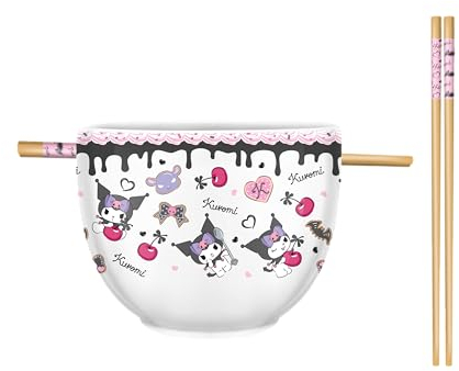 Silver Buffalo Sanrio Hello Kitty and Friends Kuromi Chocolate and Cherry Ceramic Ramen Noodle Rice Bowl with Chopsticks, Microwave Safe, 20 Ounces