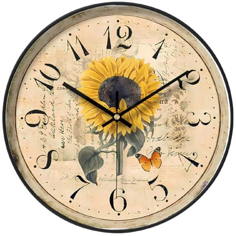 NUOVO 12 Inch Summer Sunflower Wall Clock, Shabby Chic Retro Country Pastoral Floral Style Clocks Battery Operated Quartz Quiet Round Clock for Office, Living Room, Bedroom, Kitchen, Home