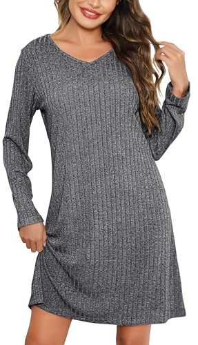 Lovasy Camicia da Notte Donna Inverno Camicia da Notte a Maniche Lunghe in Maglia a Coste Sottoveste Caldo con Scollo a V Morbido Pigiama Lungo Vestaglie per Casa e Casuale,A Grigio Scuro,XL