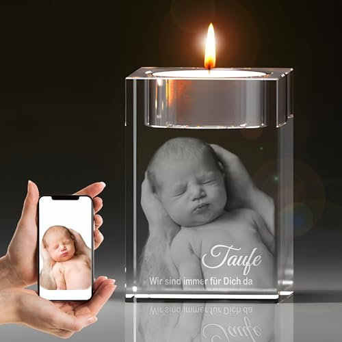 Gedenk Kristall 3D Taufkerze in Glas – Personalisierte Gravur mit Teelicht, Erinnerungsgeschenk zur Taufe, 3D-Foto, emotionales Geschenk, lebenslange Freude